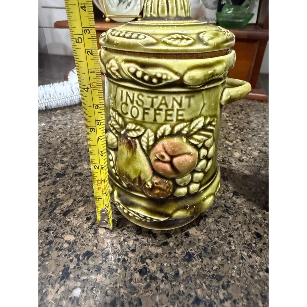 Vintage Japan Green Fruit Majolica Teapot and Instant Coffee Canister Set